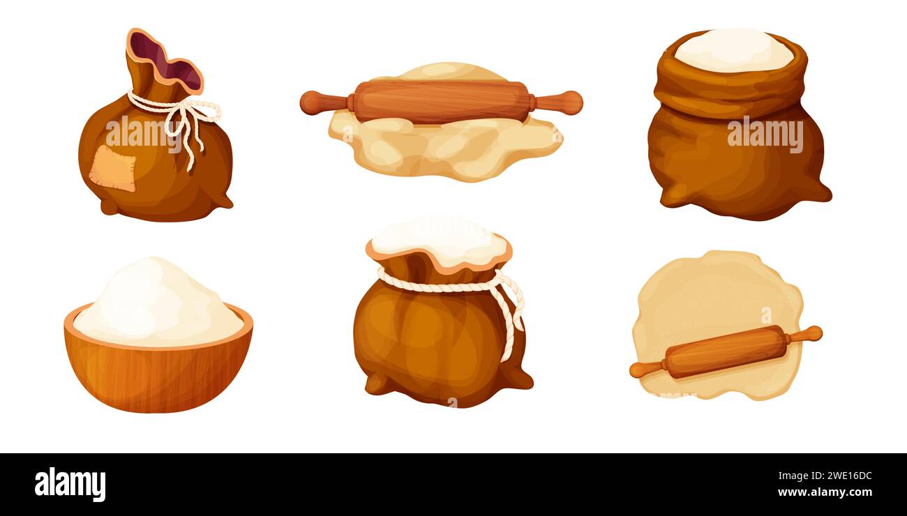 Set sack with flour, wheat powder, open bag with rope, dough with