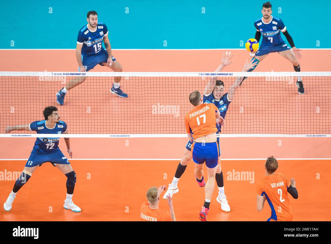 Nicolas Zerba, Bruno Lima, (Argentina), Michael Parkinson (Netherlands). Volleyball World Championship  2022. Stock Photo