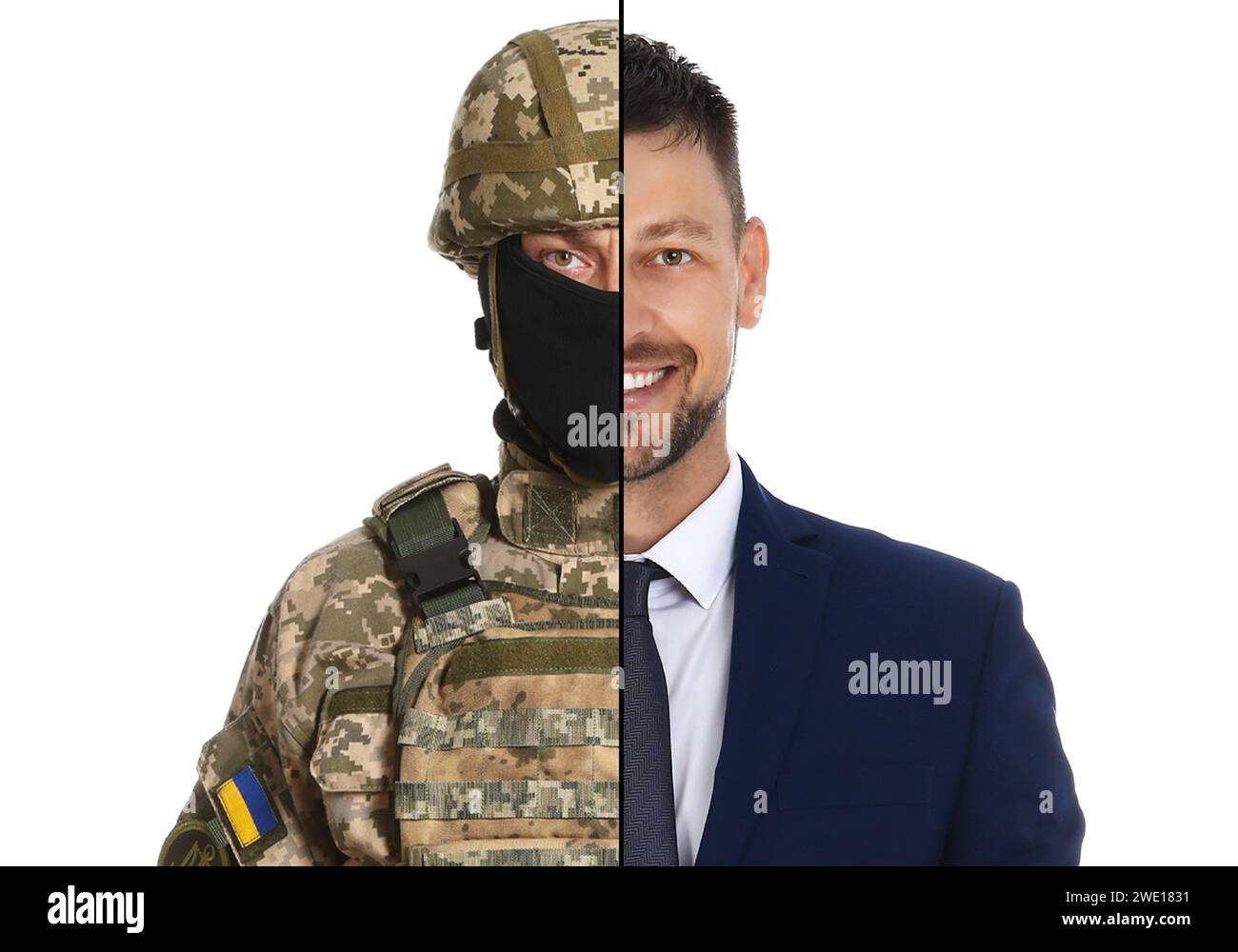 Man as military and businessman isolated on white, collage dividing ...