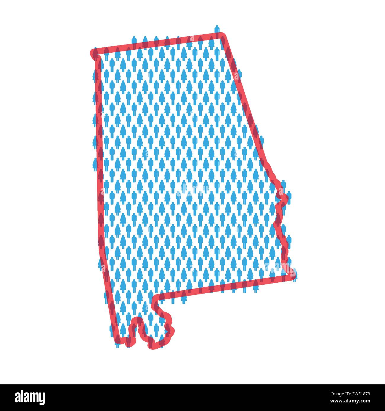 Alabama population map. Stick figures people map with bold red translucent state border. Pattern of men and women icons. Isolated vector illustration. Stock Vector