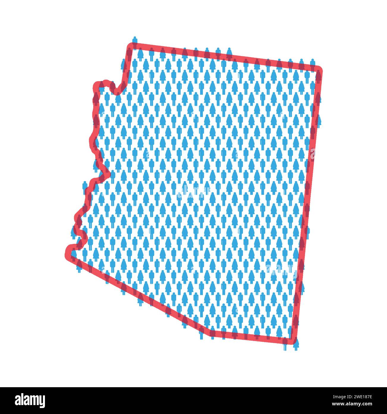 Arizona population map. Stick figures people map with bold red translucent state border. Pattern of men and women icons. Isolated vector illustration. Stock Vector