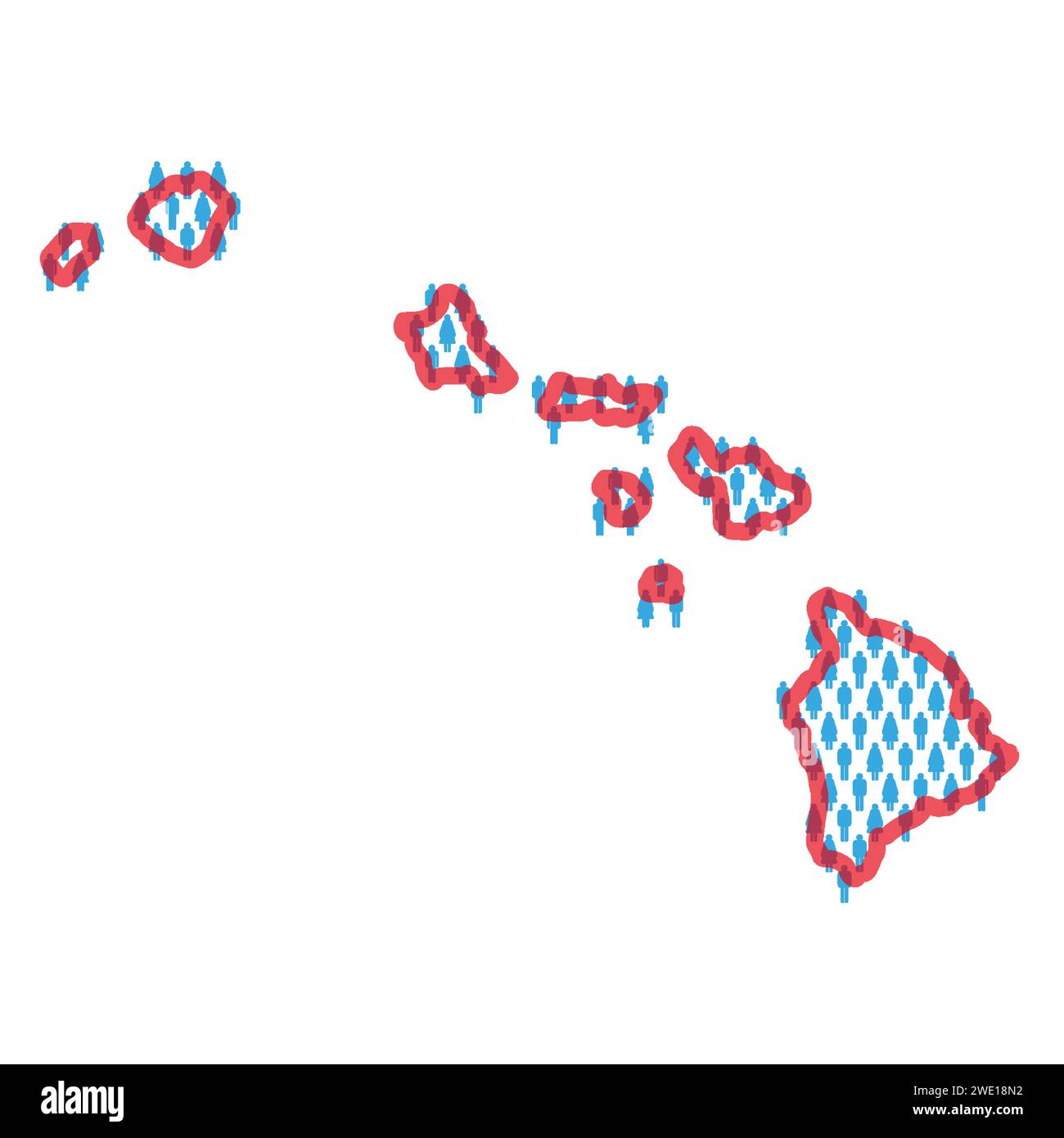 Hawaii population map. Stick figures people map with bold red translucent state border. Pattern of men and women icons. Isolated vector illustration. Stock Vector