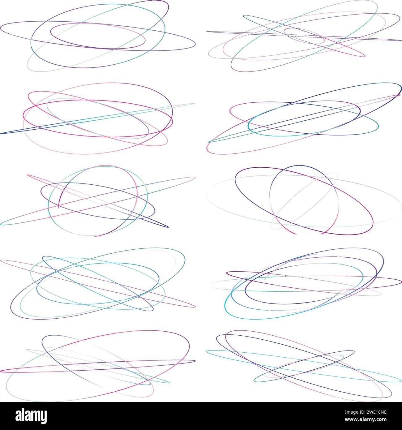 An abstract cut out transparent iridescent oval gradient shape futuristic pattern design element bundle. Stock Vector