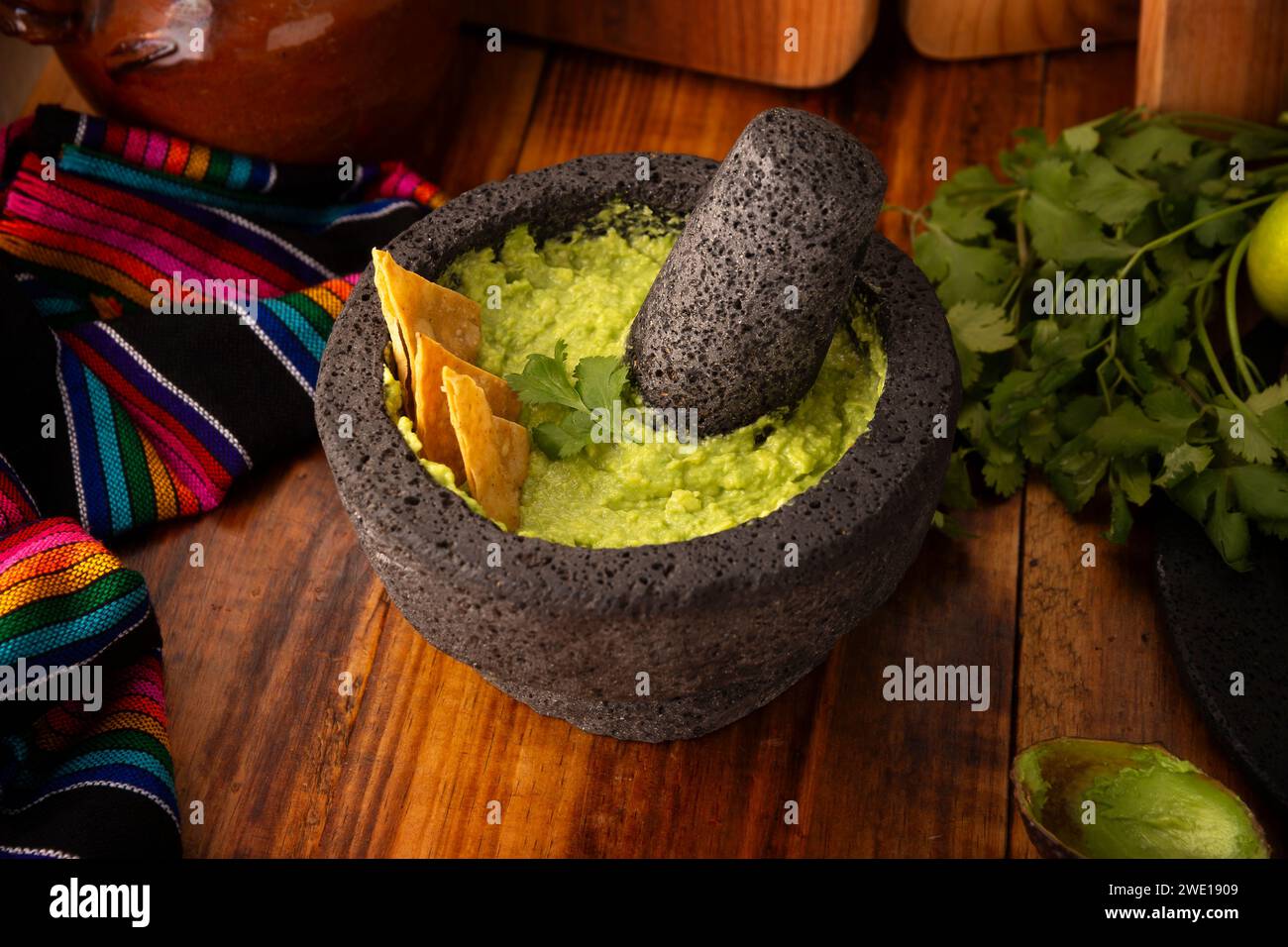 Guacamole. Avocado dip with tortilla chips also called Nachos served in