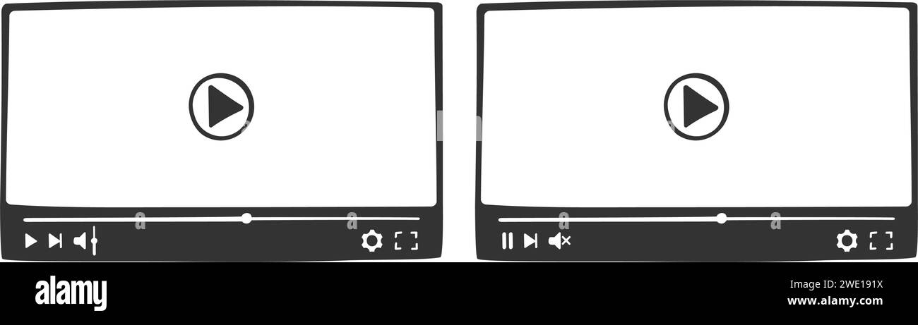 Video player interfaces in doodle style. Hand drawn online film screens with progress slider bar and buttons. Multimedia app window templates for movie playing. Vector graphic illustration Stock Vector