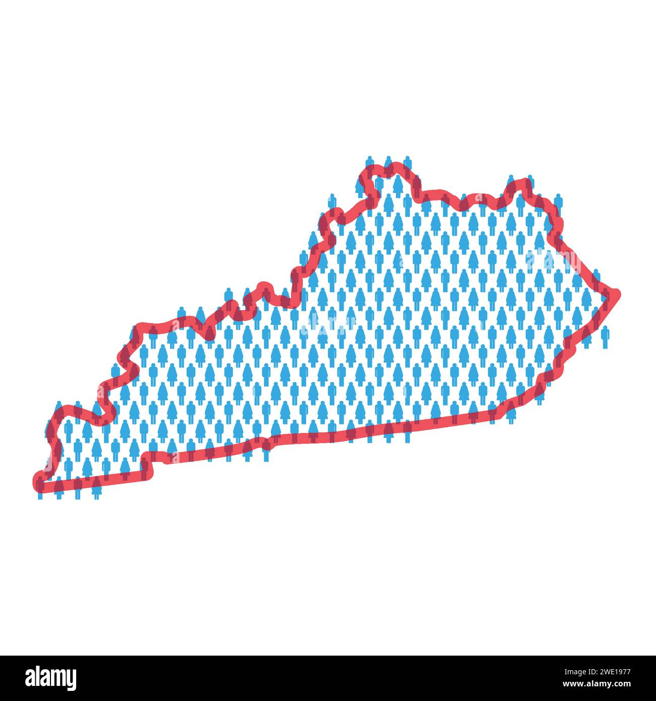 Kentucky population map. Stick figures people map with bold red translucent state border. Pattern of men and women icons. Isolated vector illustration Stock Vector