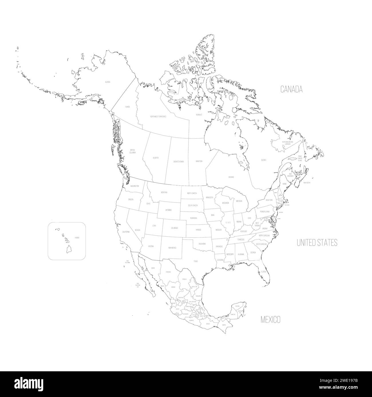 Political map of North American countries Canada, United States of America and Mexico with administrative divisions. Thin black outline map with countries and states name labels. Vector illustration Stock Vector