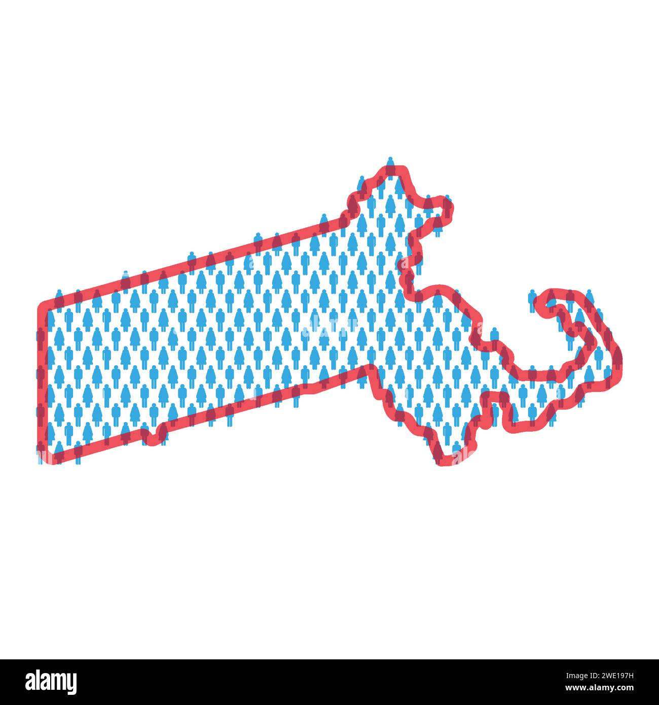 Massachusetts population map. Stick figures people map with bold red translucent state border. Pattern of men and women icons. Isolated vector illustr Stock Vector