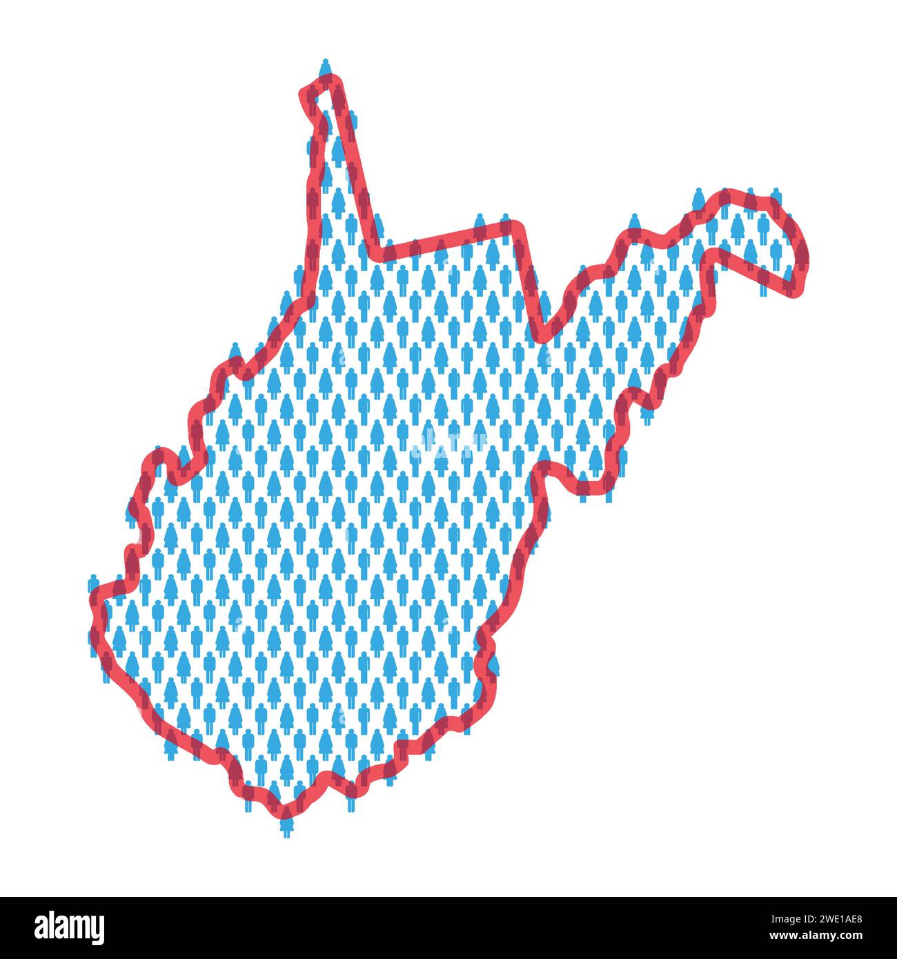 West Virginia population map. Stick figures people map with bold red translucent state border. Pattern of men and women icons. Isolated vector illustr Stock Vector