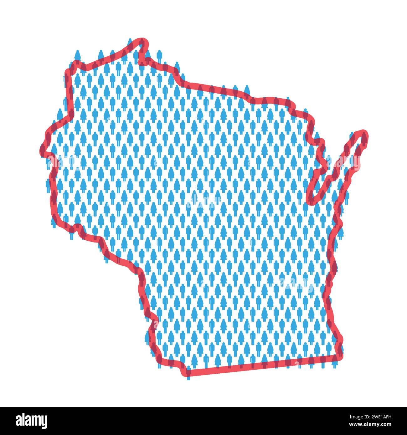Wisconsin population map. Stick figures people map with bold red translucent state border. Pattern of men and women icons. Isolated vector illustratio Stock Vector