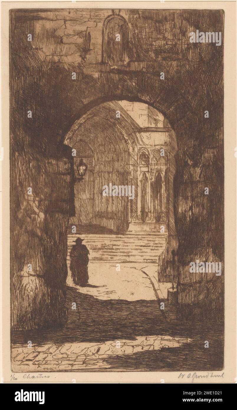Chartres, Willem Adrianus Grondhout, 1888 - 1934 print A gate with a statue of Maria with child in a niche in Chartres. Through the gate on a portal of the cathedral of Chartres.  paper etching city-gate. parts of church exterior and annexes: portal Chartres Stock Photo