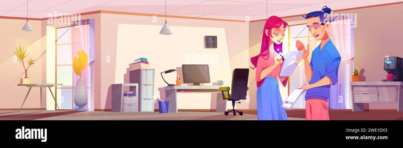 Business office interior with two coworkers communicating. Cartoon ...