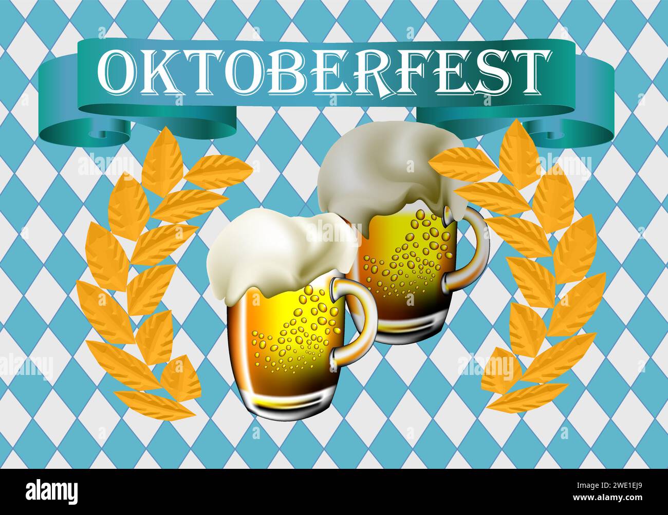 oktoberfest background with two beer on blue and white Stock Vector