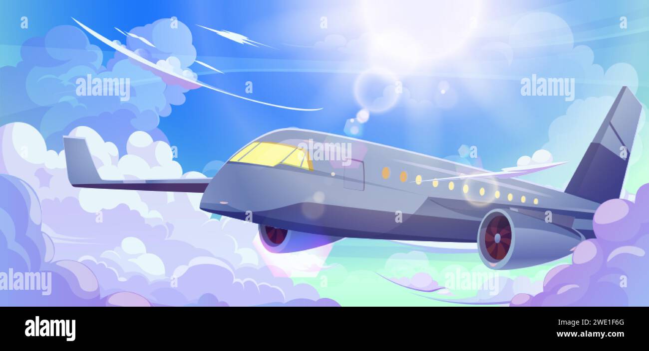 Passenger airplane flying high in sky above clouds against blue sky