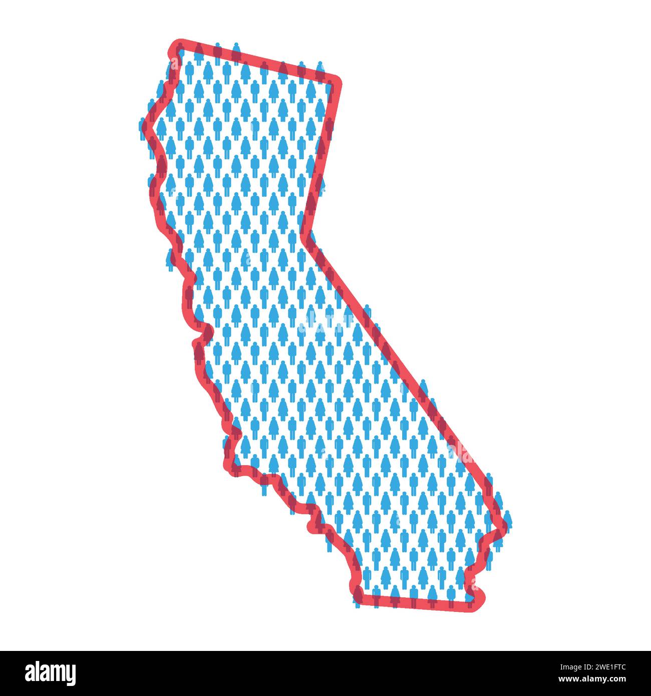 California population map. Stick figures people map with bold red translucent state border. Pattern of men and women icons. Isolated vector illustrati Stock Vector