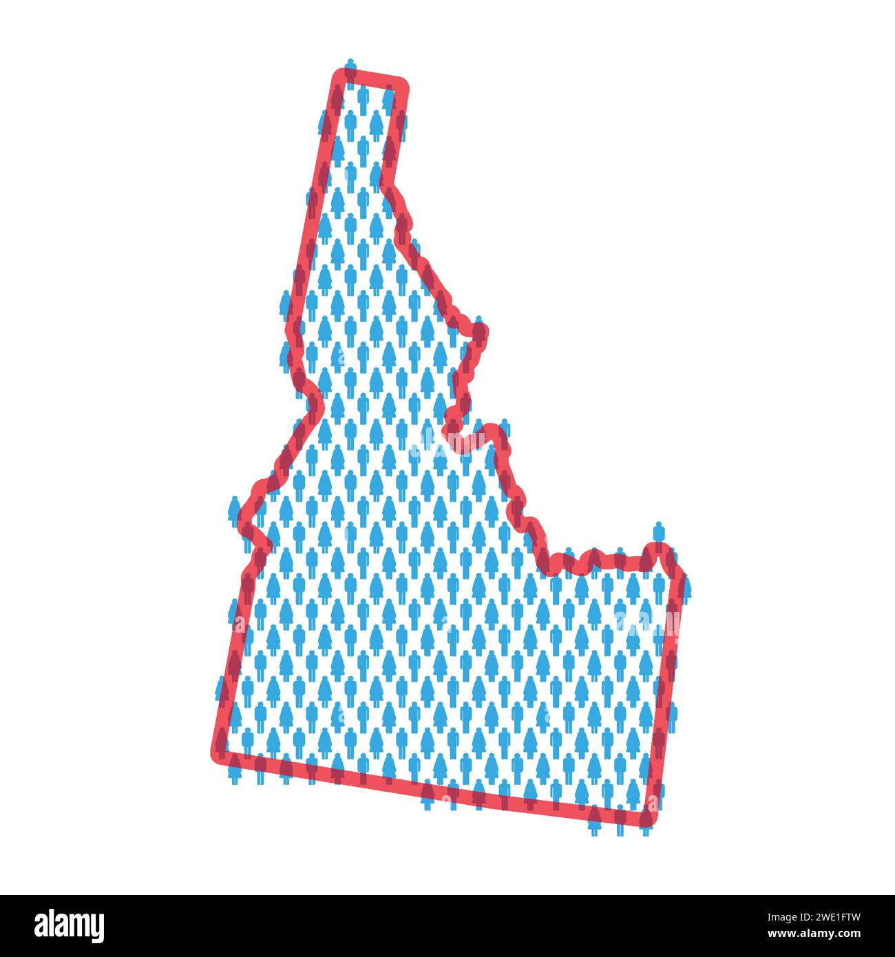 Idaho population map. Stick figures people map with bold red translucent state border. Pattern of men and women icons. Isolated vector illustration. E Stock Vector