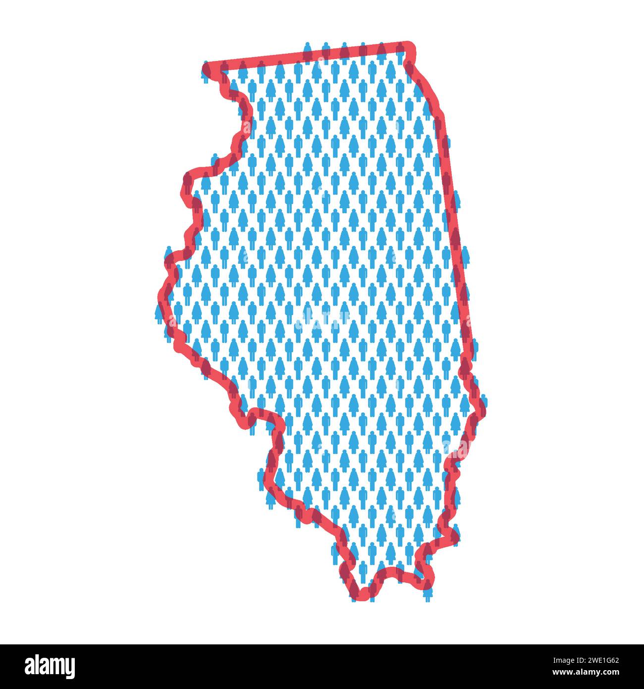 Illinois population map. Stick figures people map with bold red translucent state border. Pattern of men and women icons. Isolated vector illustration Stock Vector