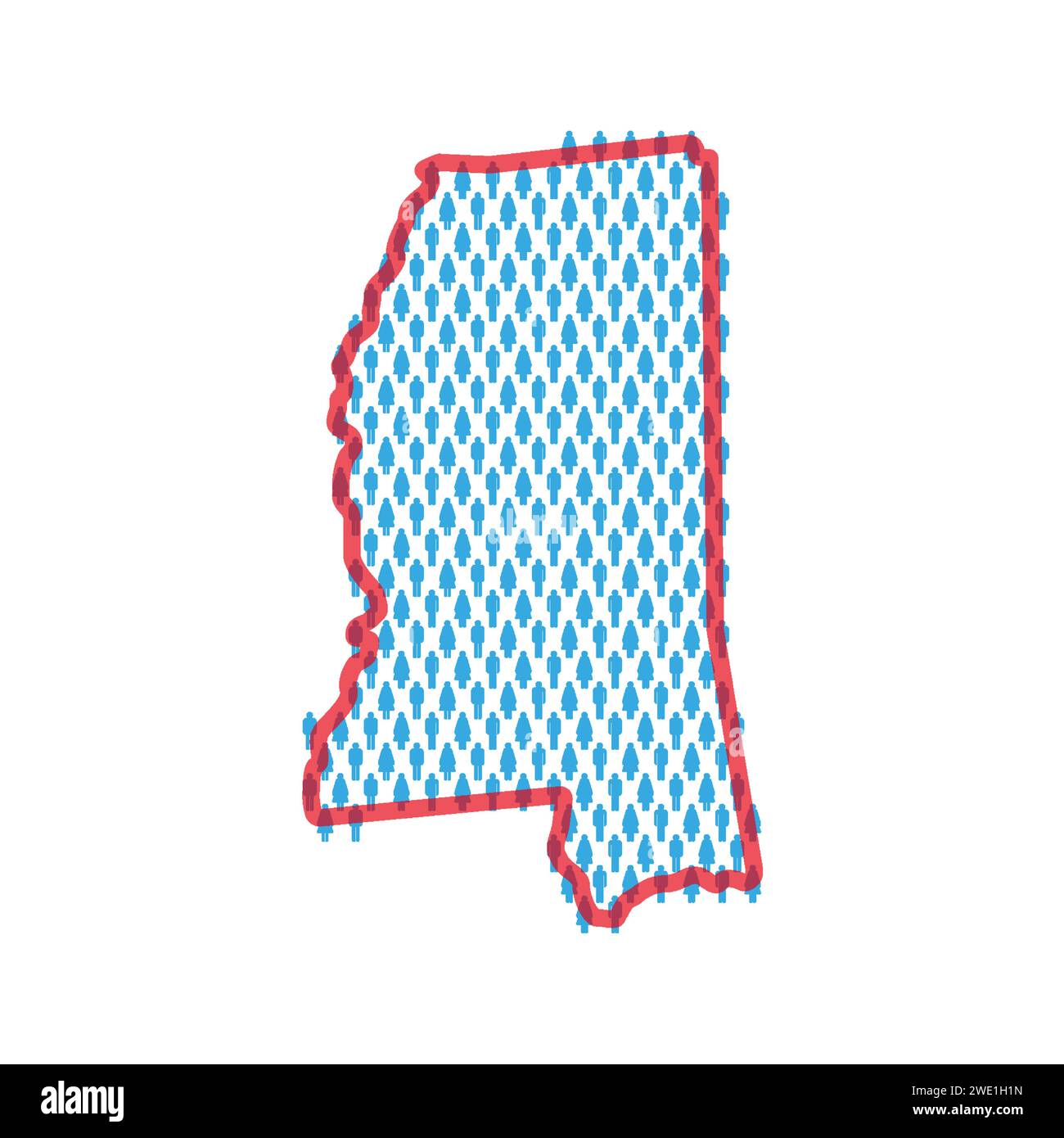Mississippi population map. Stick figures people map with bold red translucent state border. Pattern of men and women icons. Isolated vector illustrat Stock Vector