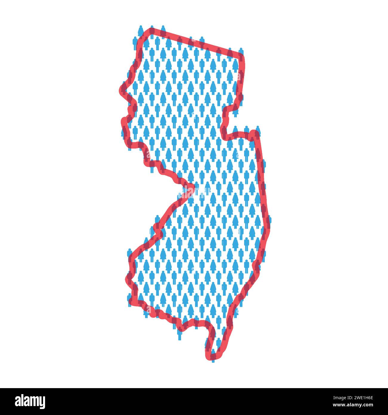 New Jersey population map. Stick figures people map with bold red translucent state border. Pattern of men and women icons. Isolated vector illustrati Stock Vector