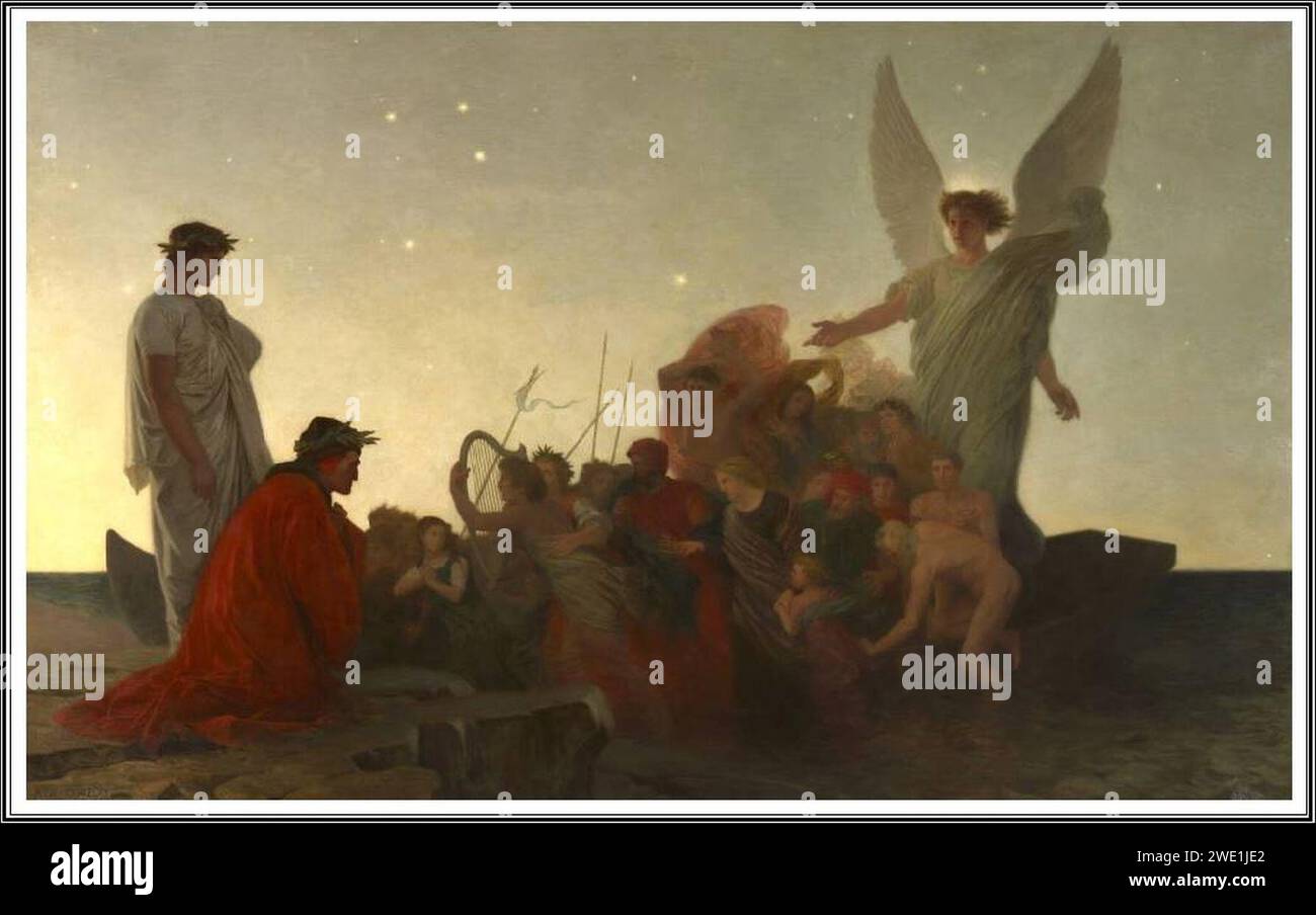 Alfred de Curzon - Dante et Virgile, sur le rivage du Purgatoire, voient venir la barque des Âmes que conduit un Ange 1857. Stock Photo