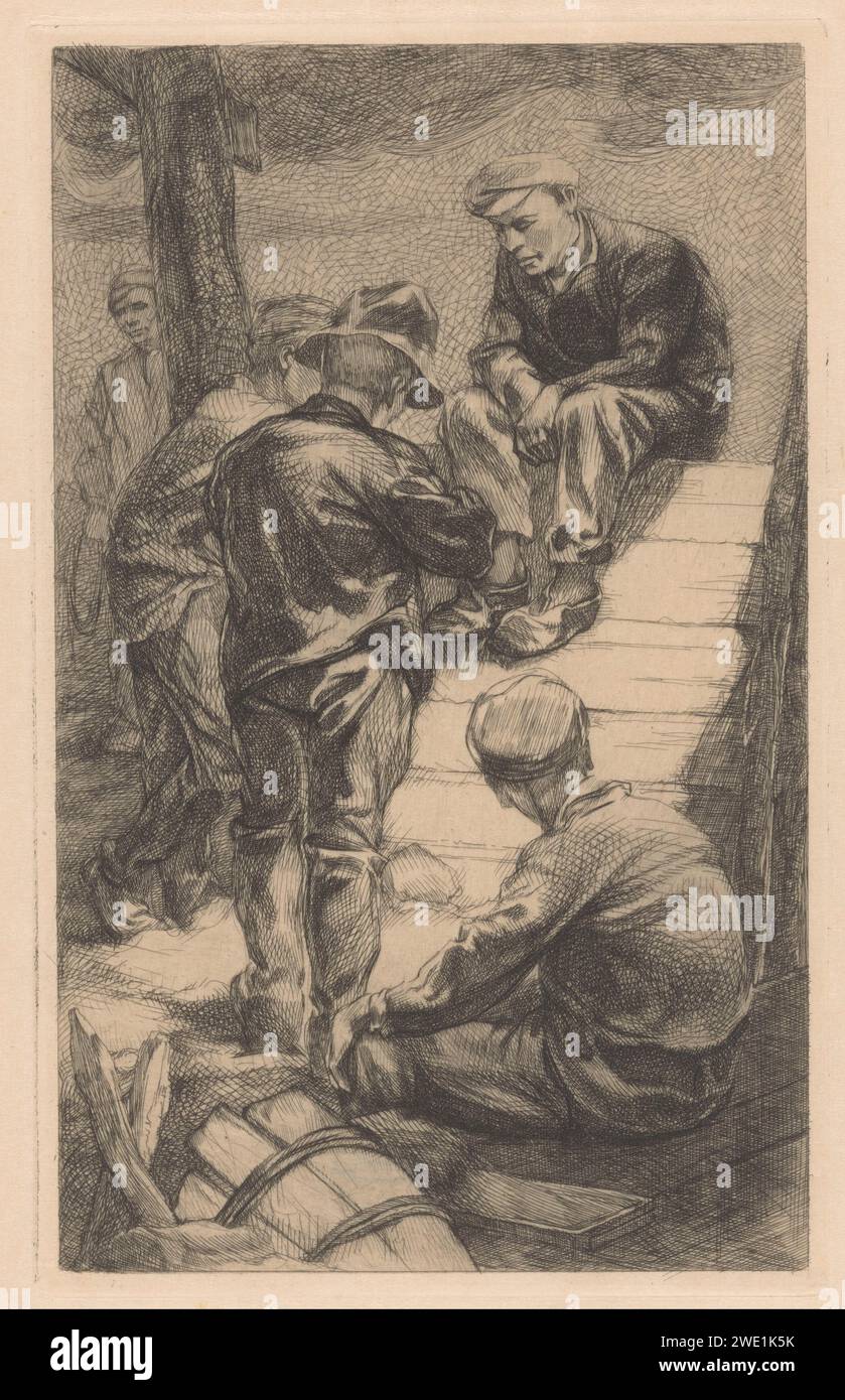 Five Workers, Johannes Josephus Aarts, 1881 - 1934 print A group of five workmen all around and on a wooden gangway.  Japanese paper (handmade paper) etching working class, labourers Stock Photo