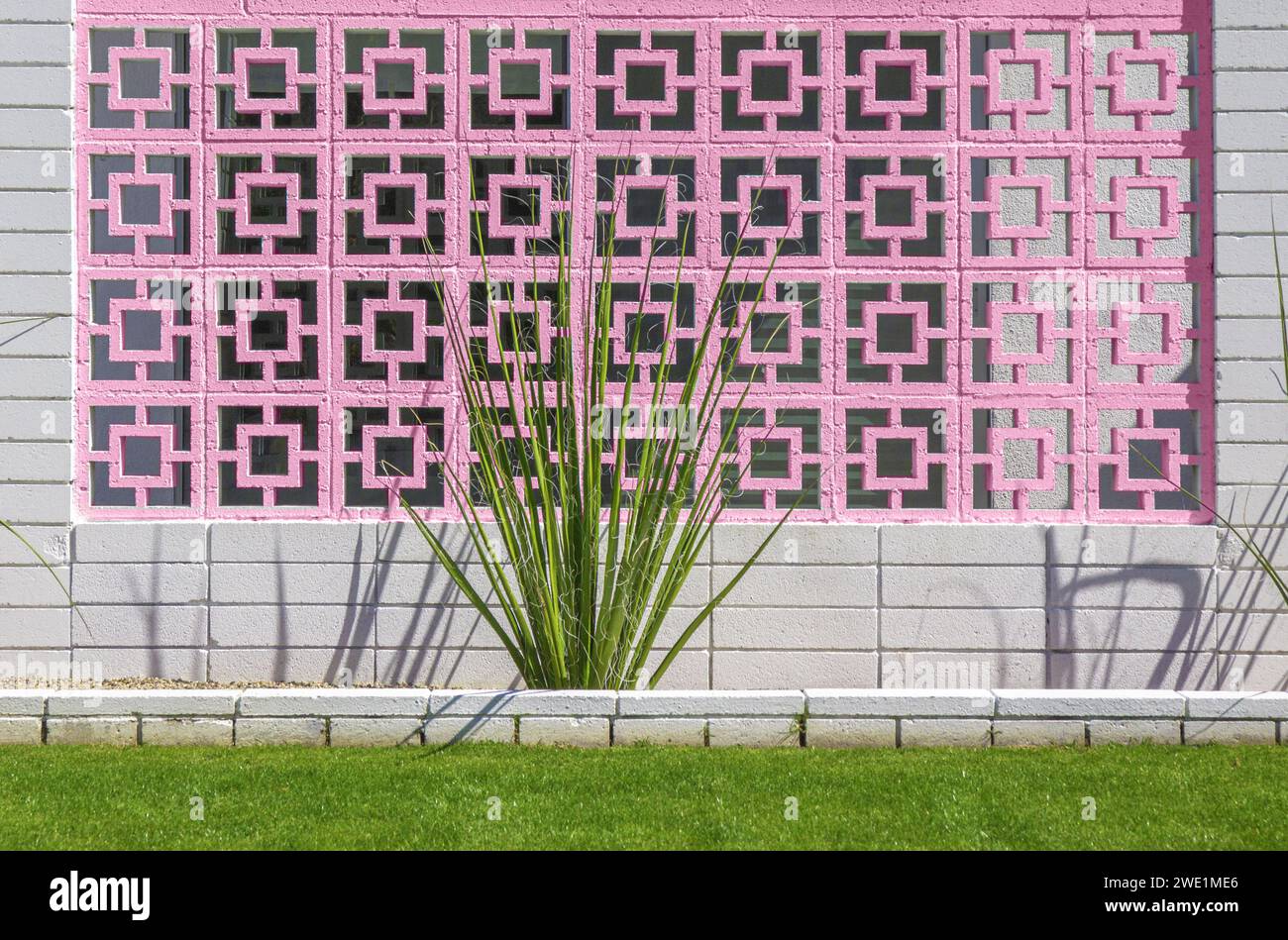 Retro breeze block wall with cactus plant in Palm Springs, California Stock Photo