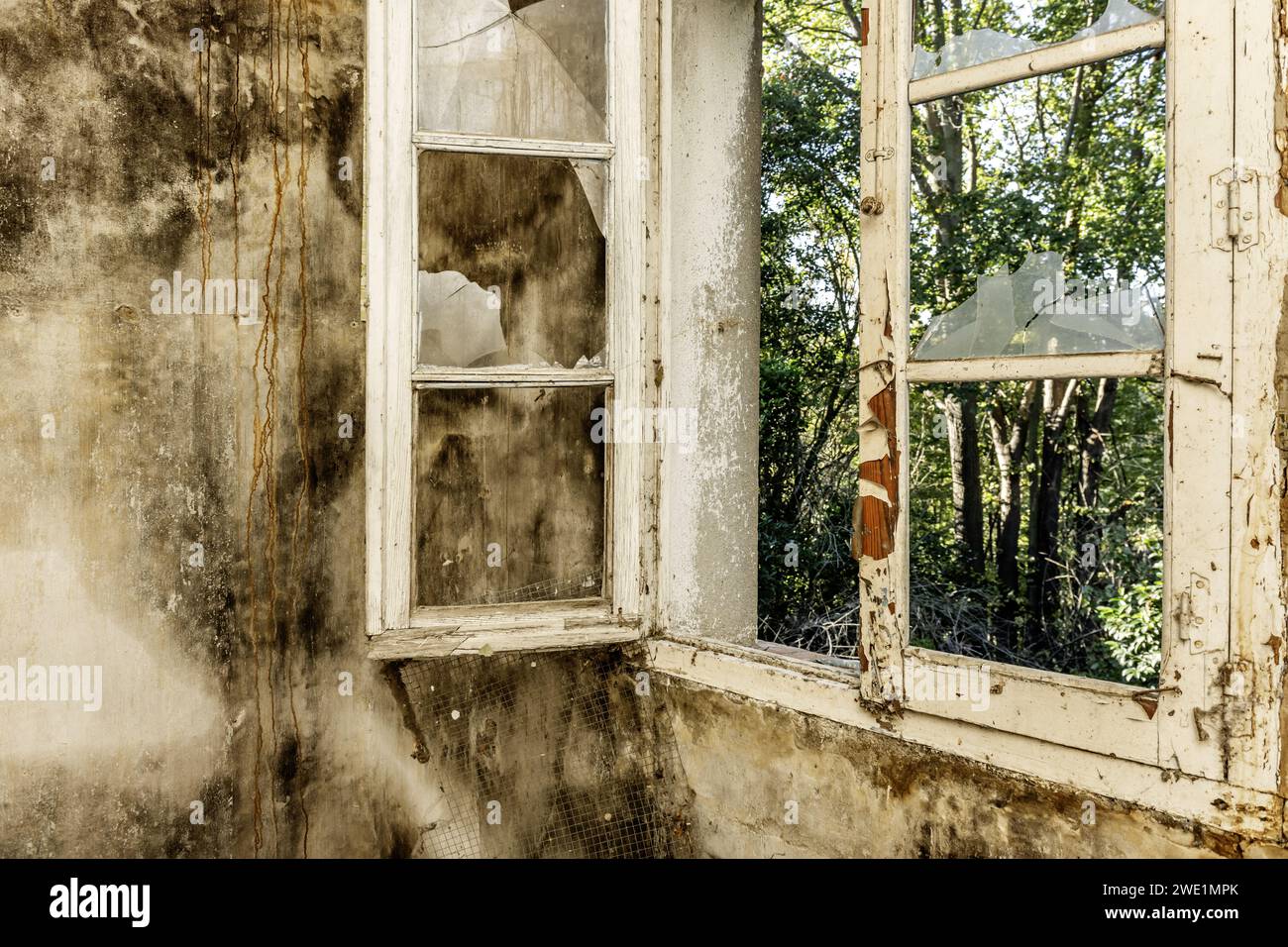 Interior of a dirty and dilapidated room in an abandoned house with broken glass windows Stock Photo