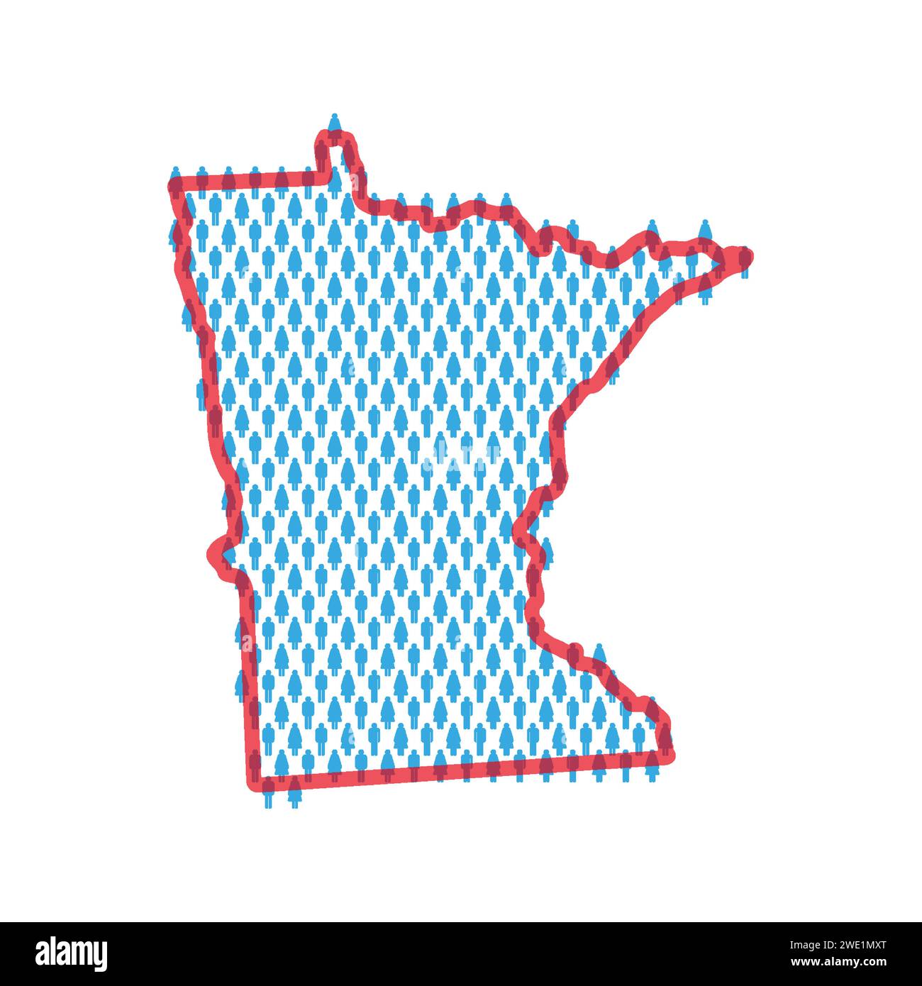Minnesota population map. Stick figures people map with bold red translucent state border. Pattern of men and women icons. Isolated vector illustratio Stock Vector
