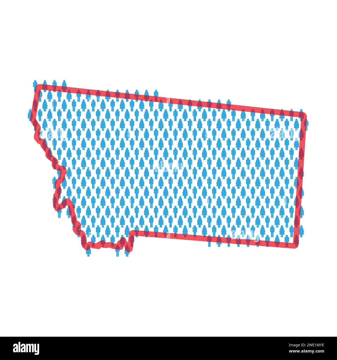 Montana population map. Stick figures people map with bold red translucent state border. Pattern of men and women icons. Isolated vector illustration. Stock Vector