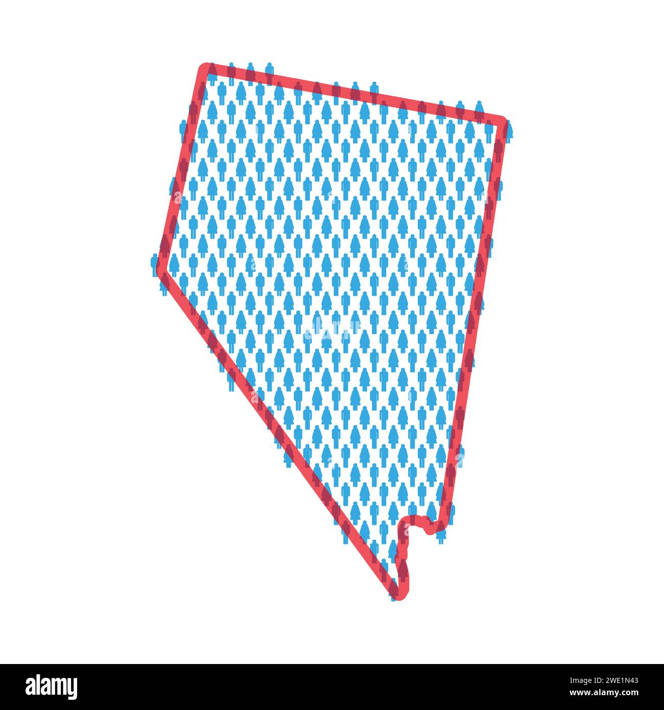 Nevada population map. Stick figures people map with bold red translucent state border. Pattern of men and women icons. Isolated vector illustration. Stock Vector