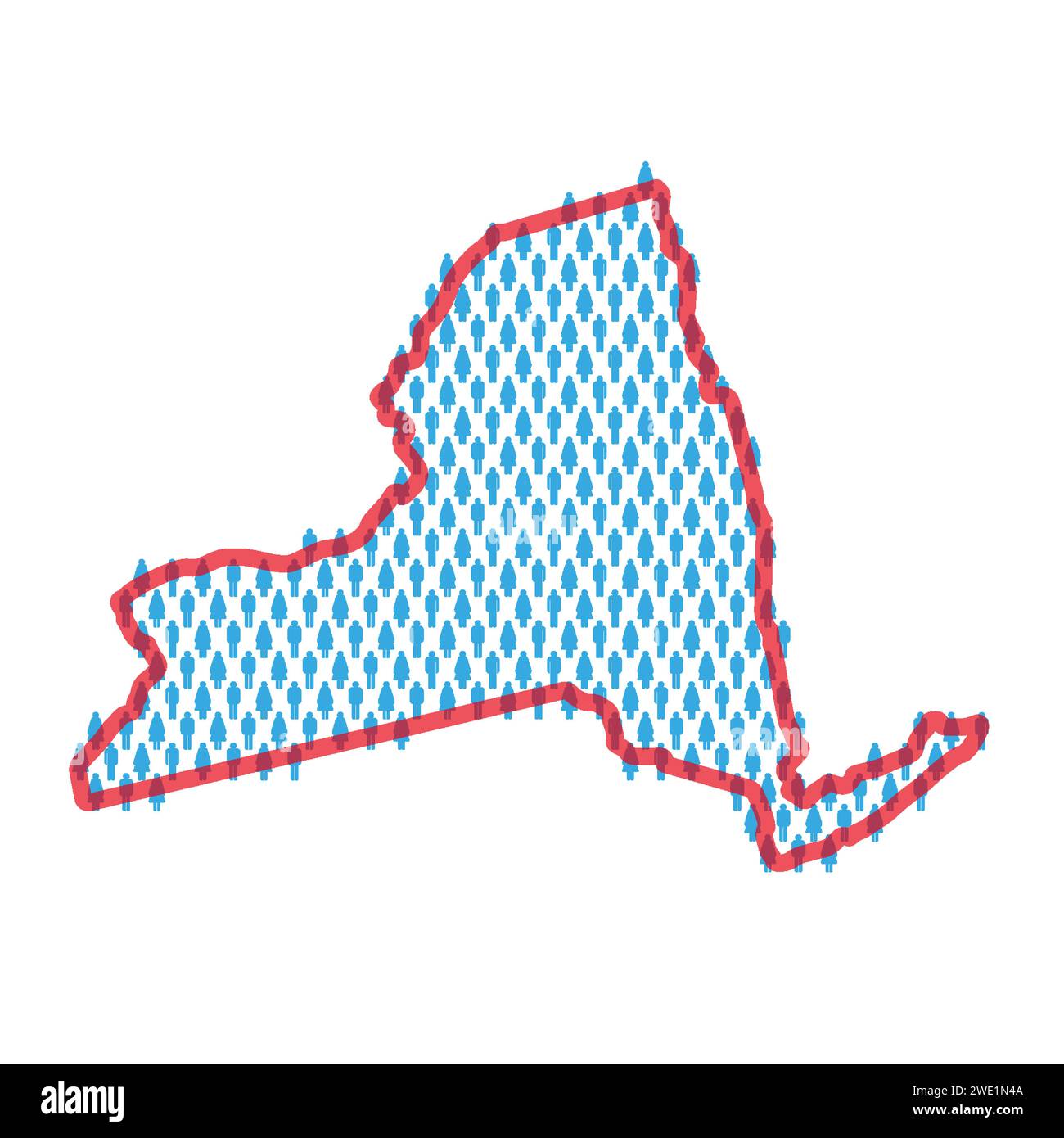 New York population map. Stick figures people map with bold red translucent state border. Pattern of men and women icons. Isolated vector illustration Stock Vector