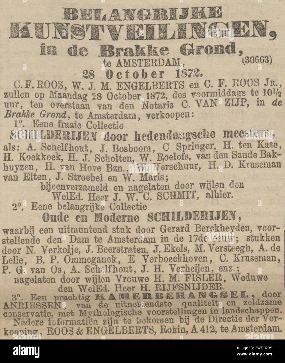 Algemeen Handelsblad vol 1872 no 12851 advertisement Belangrijke kunstveilingen in de Brakke Grond. Stock Photo