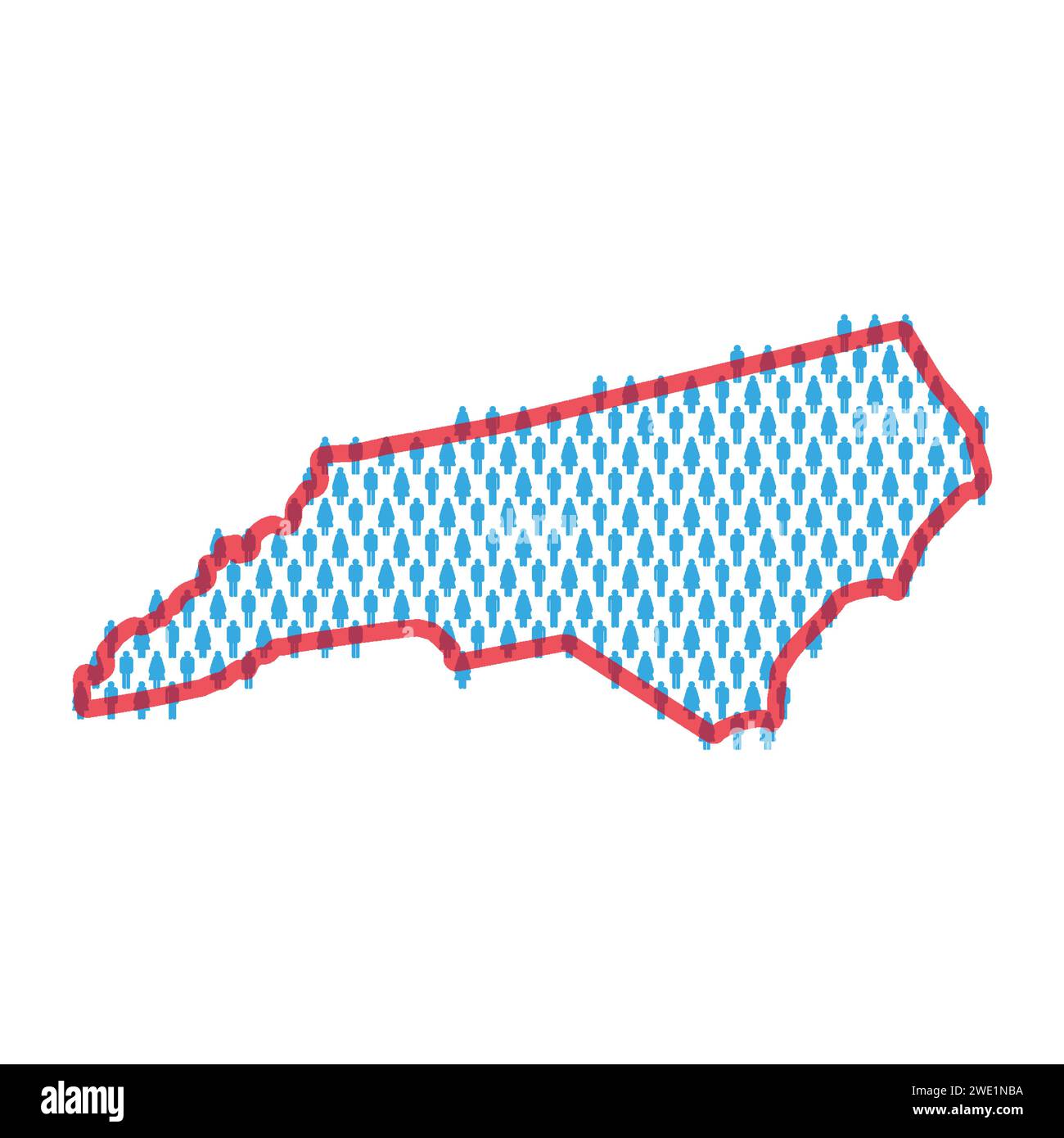 North Carolina population map. Stick figures people map with bold red translucent state border. Pattern of men and women icons. Isolated vector illust Stock Vector