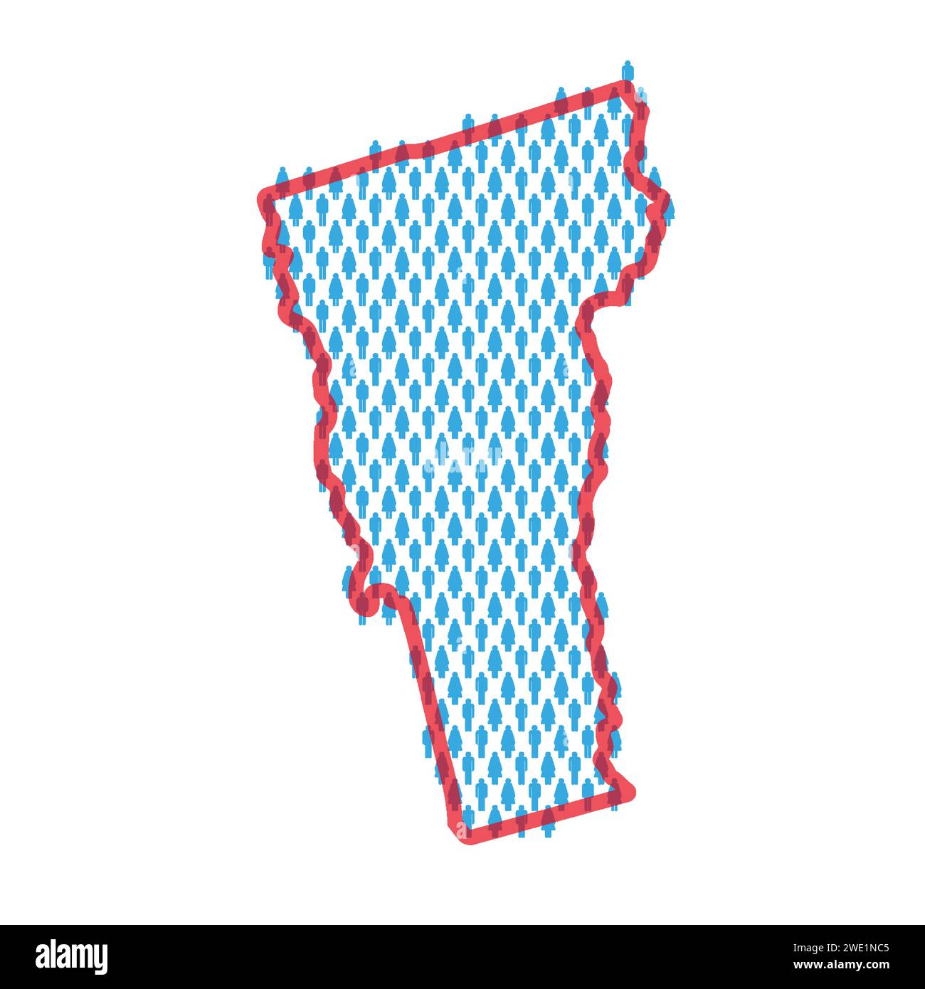Vermont population map. Stick figures people map with bold red translucent state border. Pattern of men and women icons. Isolated vector illustration. Stock Vector