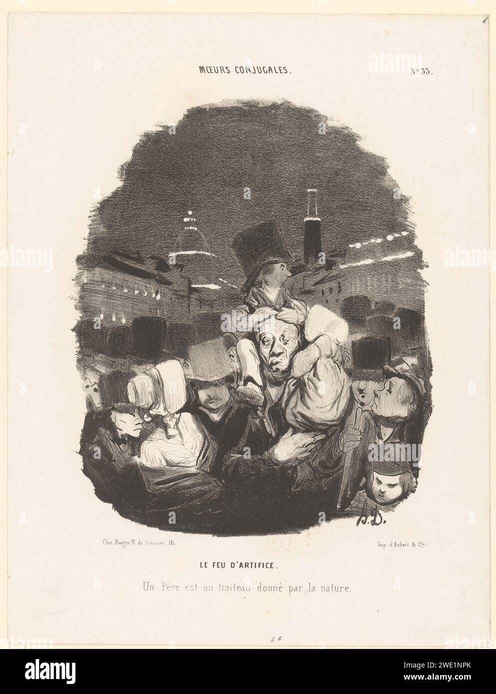 Father lets children watch fireworks on shoulders, Honoré Daumier, 1841   Paris paper letterpress printing caricatures (human types). father with son(s) and daughter(s) (father-love). father and child(ren), man and child(ren) (family group) Stock Photo