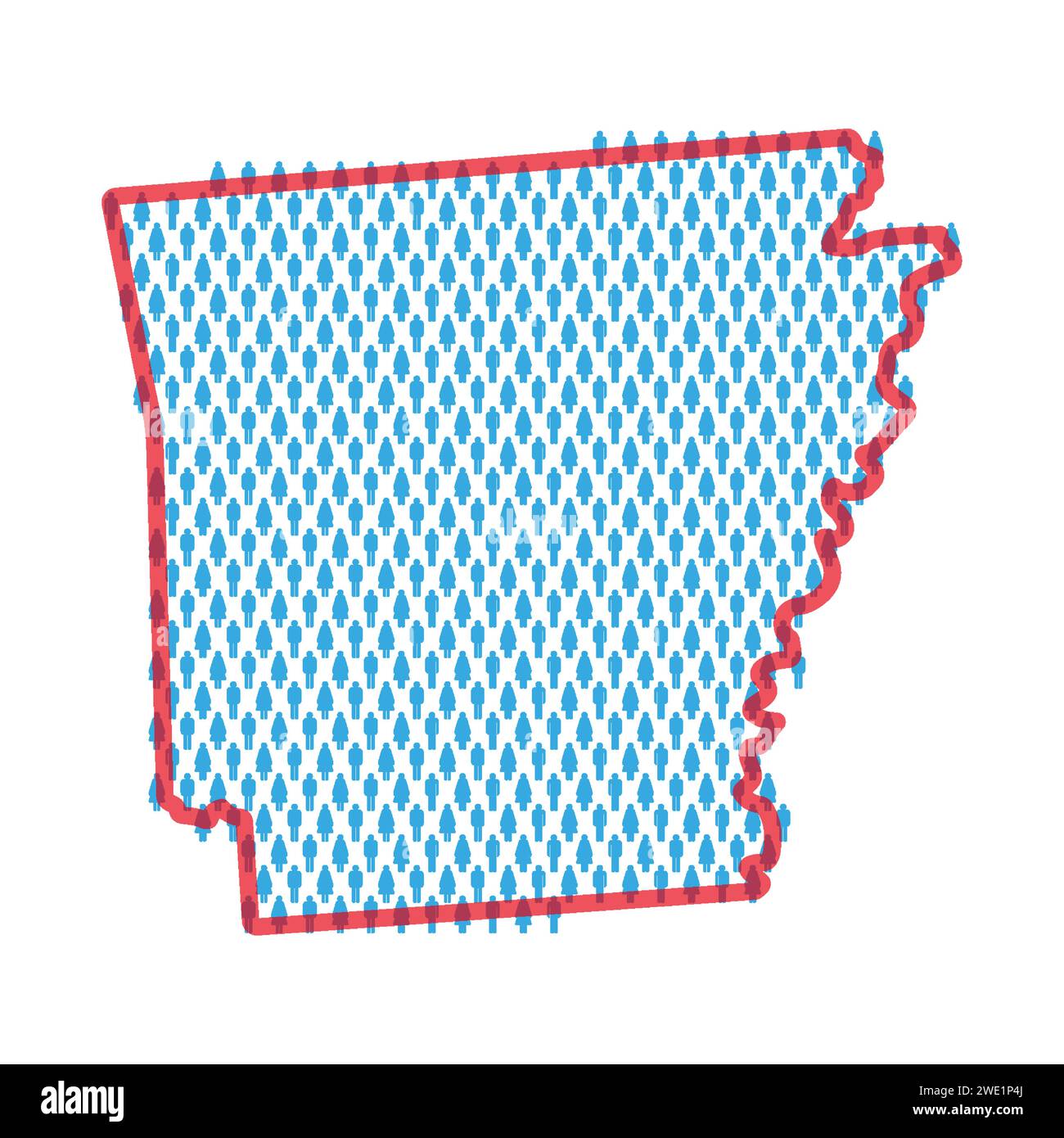 Arkansas population map. Stick figures people map with bold red translucent state border. Pattern of men and women icons. Isolated vector illustration Stock Vector