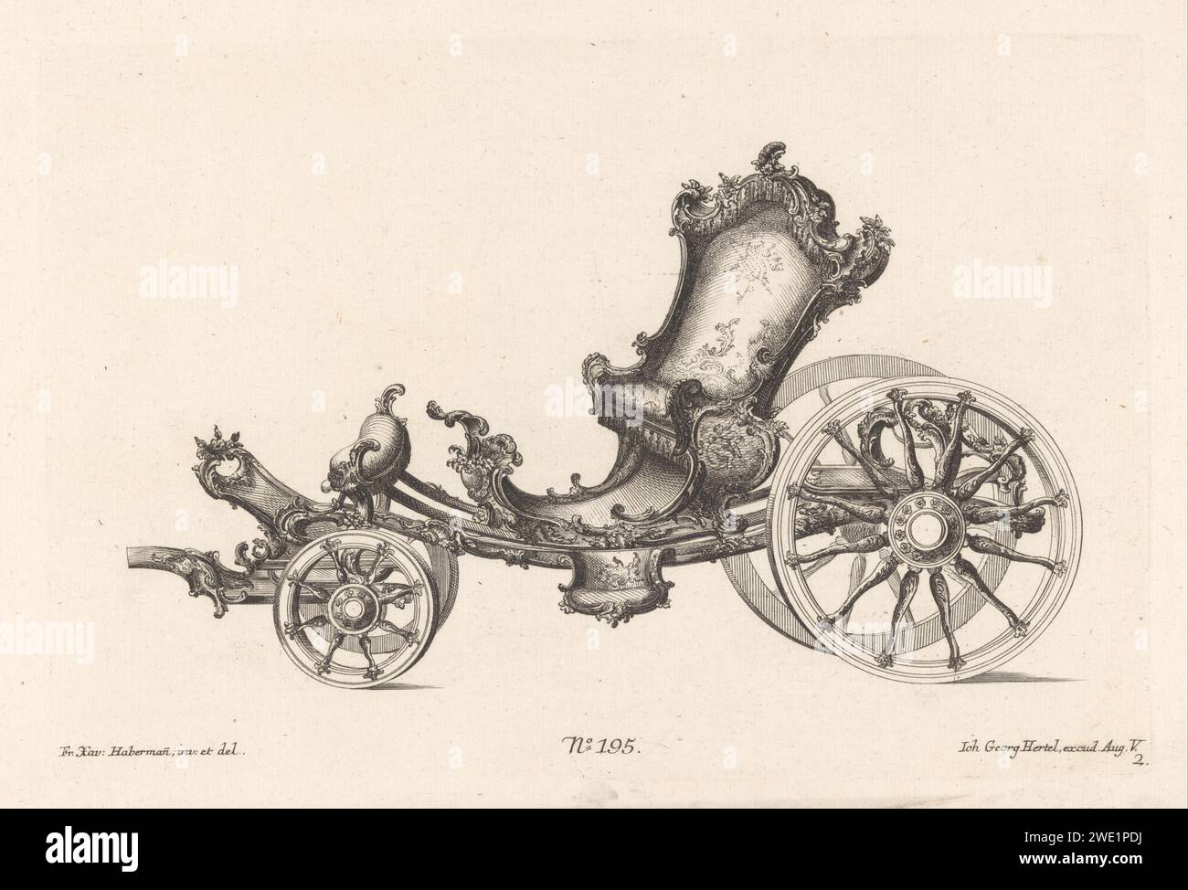 Open Koets, Anonymous, after Franz Xaver Habermann, 1731 - 1775 print Open carriage with rocaille ornaments and leaf motifs. Publishing number 195. Augsburg paper etching / engraving four-wheeled, animal-drawn vehicle, e.g.: cab, carriage, coach Stock Photo