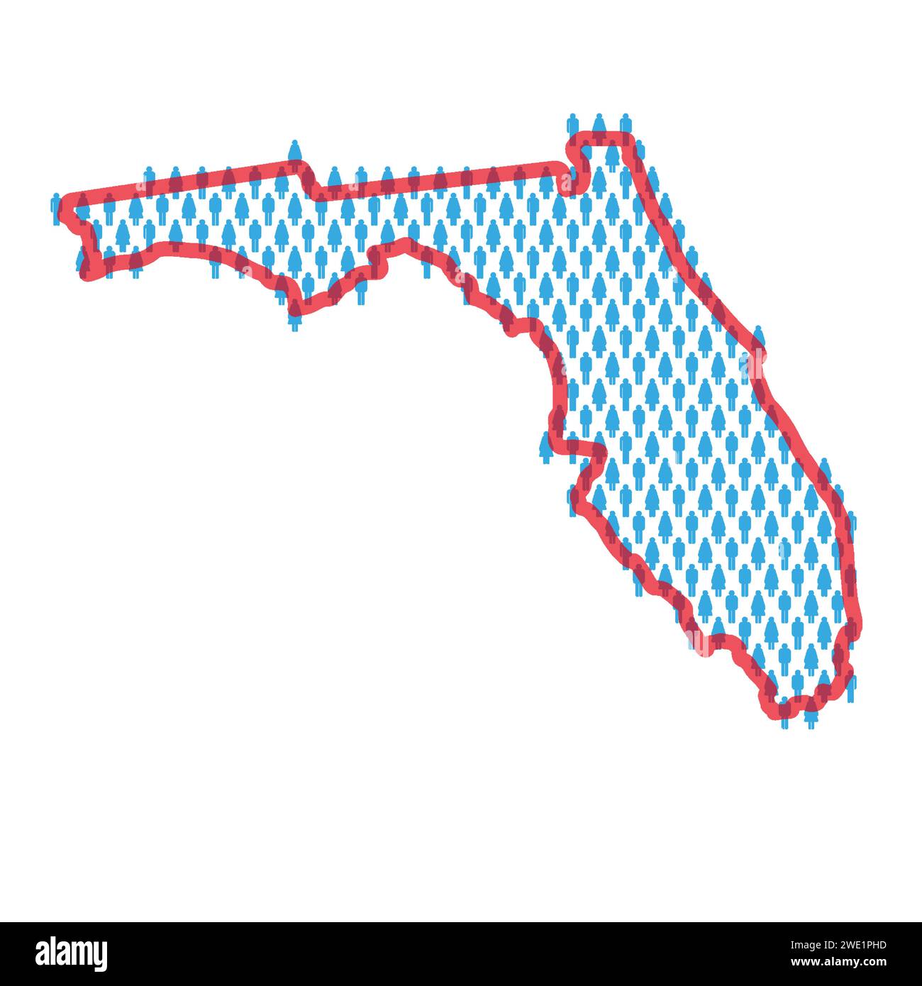 Florida population map. Stick figures people map with bold red translucent state border. Pattern of men and women icons. Isolated vector illustration. Stock Vector