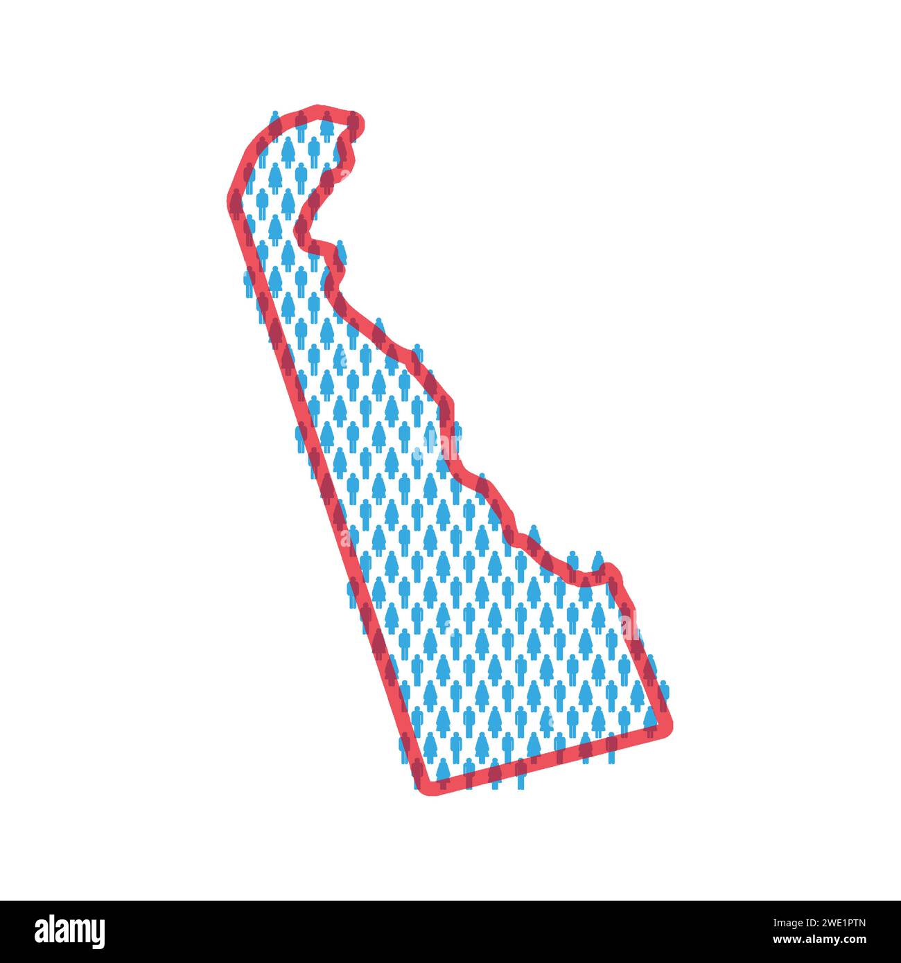 Delaware population map. Stick figures people map with bold red translucent state border. Pattern of men and women icons. Isolated vector illustration Stock Vector