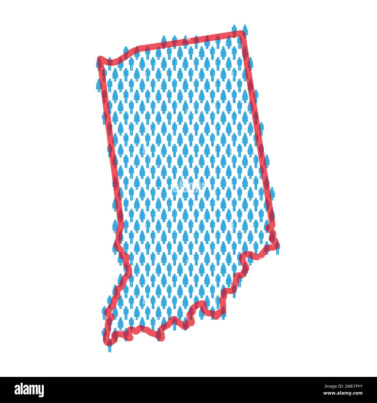 Indiana population map. Stick figures people map with bold red translucent state border. Pattern of men and women icons. Isolated vector illustration. Stock Vector