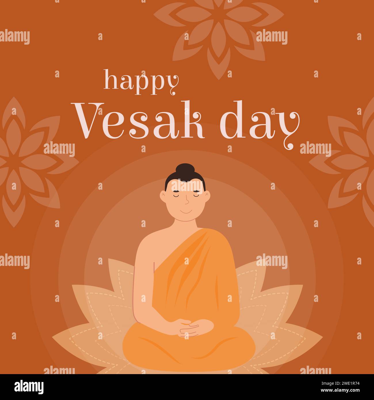 Happy Vesak Day Vector Card. Translation from Sanskrit Festival of Gautama Birth, Death, Nirvana. Lord Buddha sitting on lotus seat on orange backgrou Stock Vector