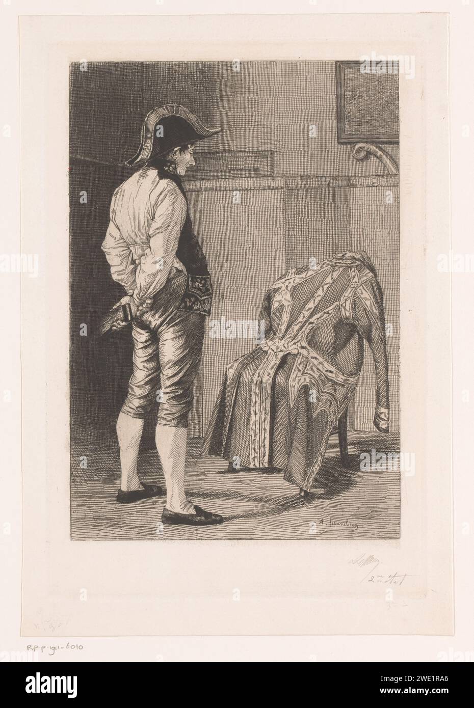 Man with clothing brush looks at his jacket hanging over a chair, Louis le nain, after André Hennebicq, 1861 - 1911 print   paper etching adult man. coat, cape. (military) uniforms. care of clothes, e.g.: brushing, beating, airing Stock Photo