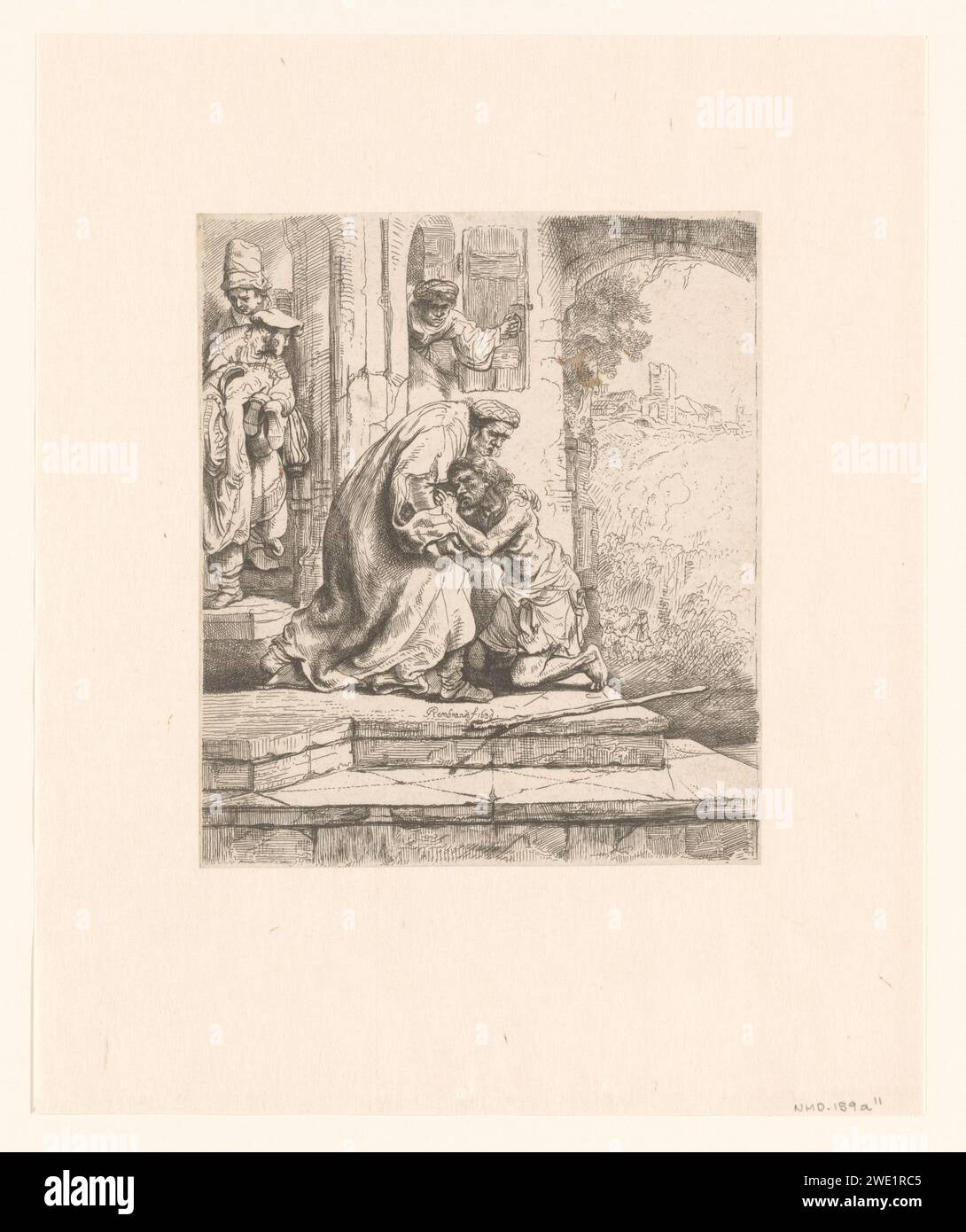 The return of the prodigal son, Salomon Savery, after Rembrandt van Rijn, 1711 - 1800 print  Augsburg paper etching the parable of the prodigal son (Luke 15:11-32) Stock Photo