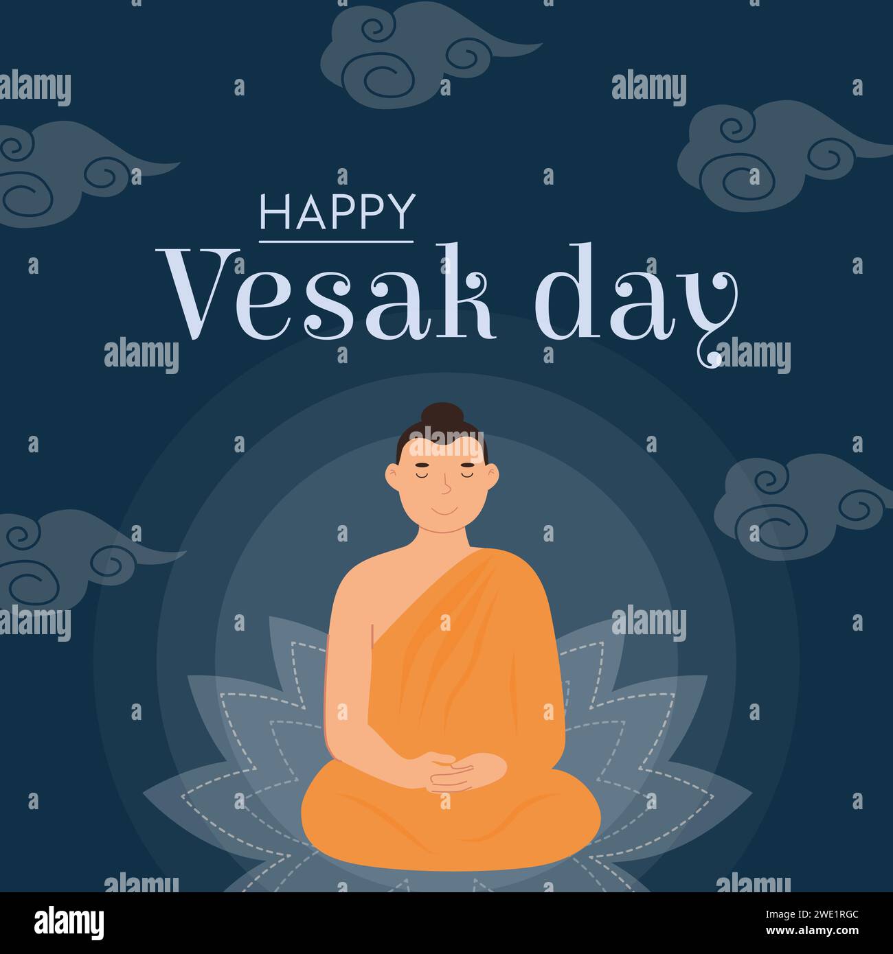 Happy Vesak Day Vector Card. Lord Buddha sitting on lotus seat with rays of light. Translation from Sanskrit Festival of Gautama Birth, Death, Nirvana Stock Vector