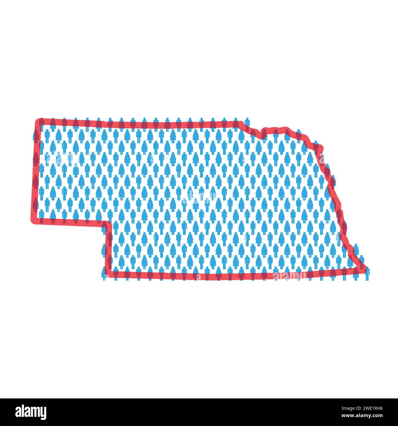 Nebraska population map. Stick figures people map with bold red translucent state border. Pattern of men and women icons. Isolated vector illustration Stock Vector