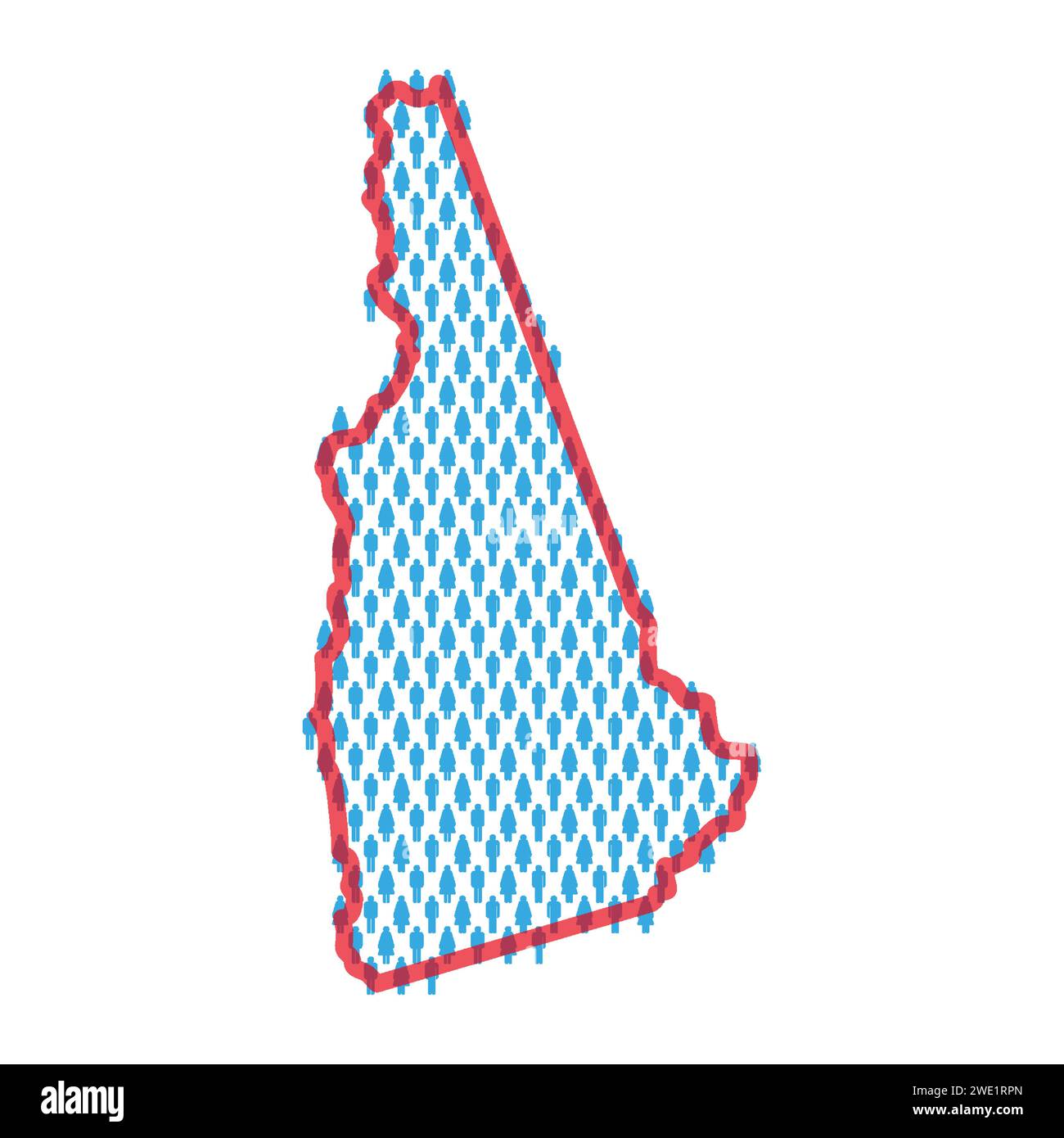 New Hampshire population map. Stick figures people map with bold red translucent state border. Pattern of men and women icons. Isolated vector illustr Stock Vector