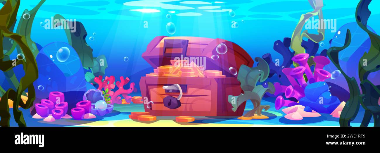 Old treasure chest with money on sea bottom. Vector cartoon ...