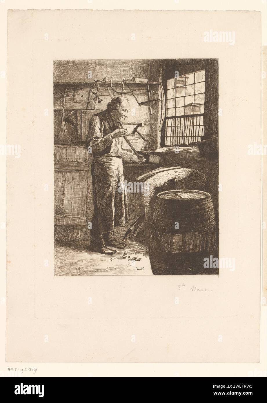 Kuiper at work in his workshop, Piet Verhaert, 1883 print paper etching ...
