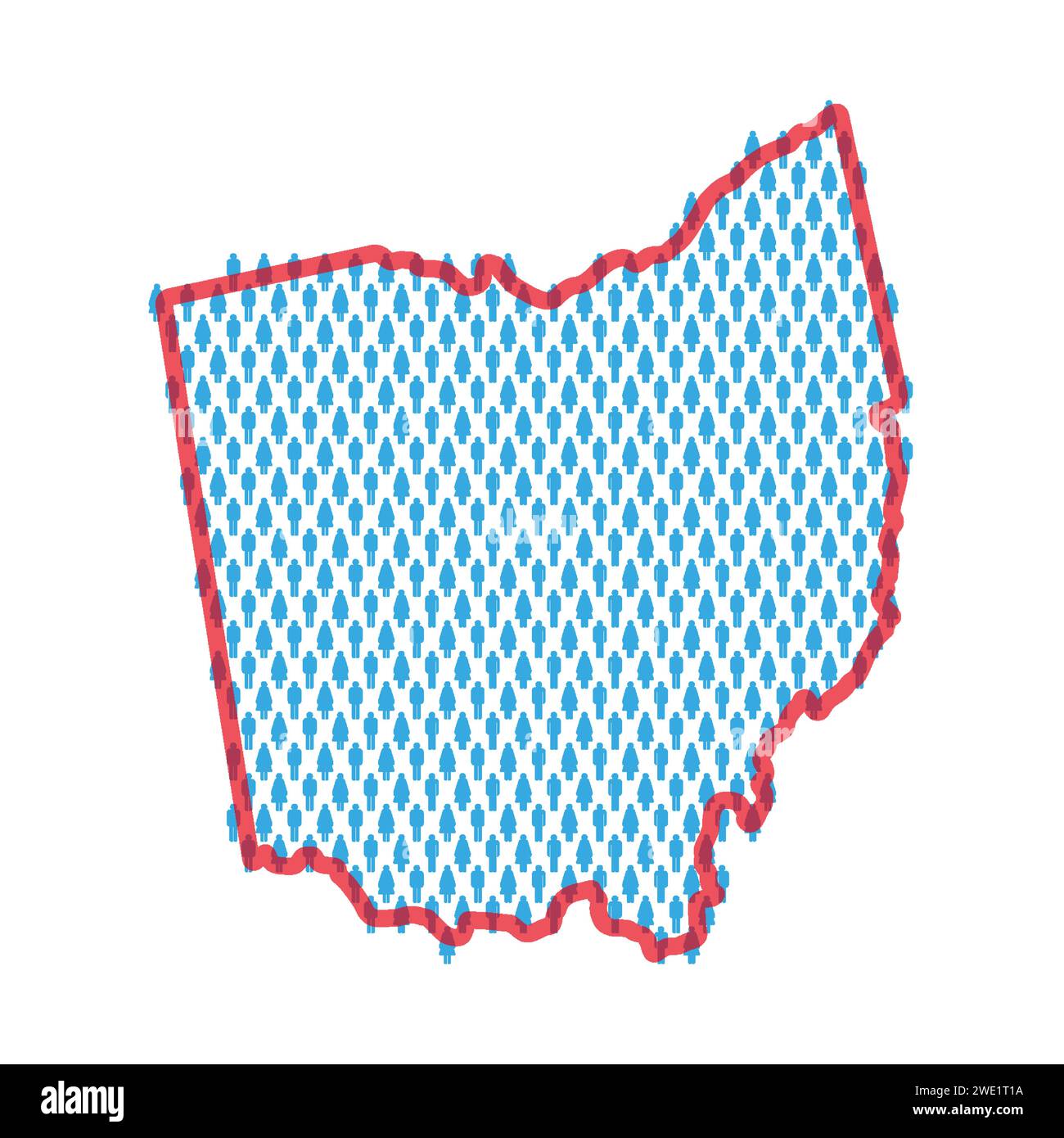 Ohio population map. Stick figures people map with bold red translucent state border. Pattern of men and women icons. Isolated vector illustration. Ed Stock Vector