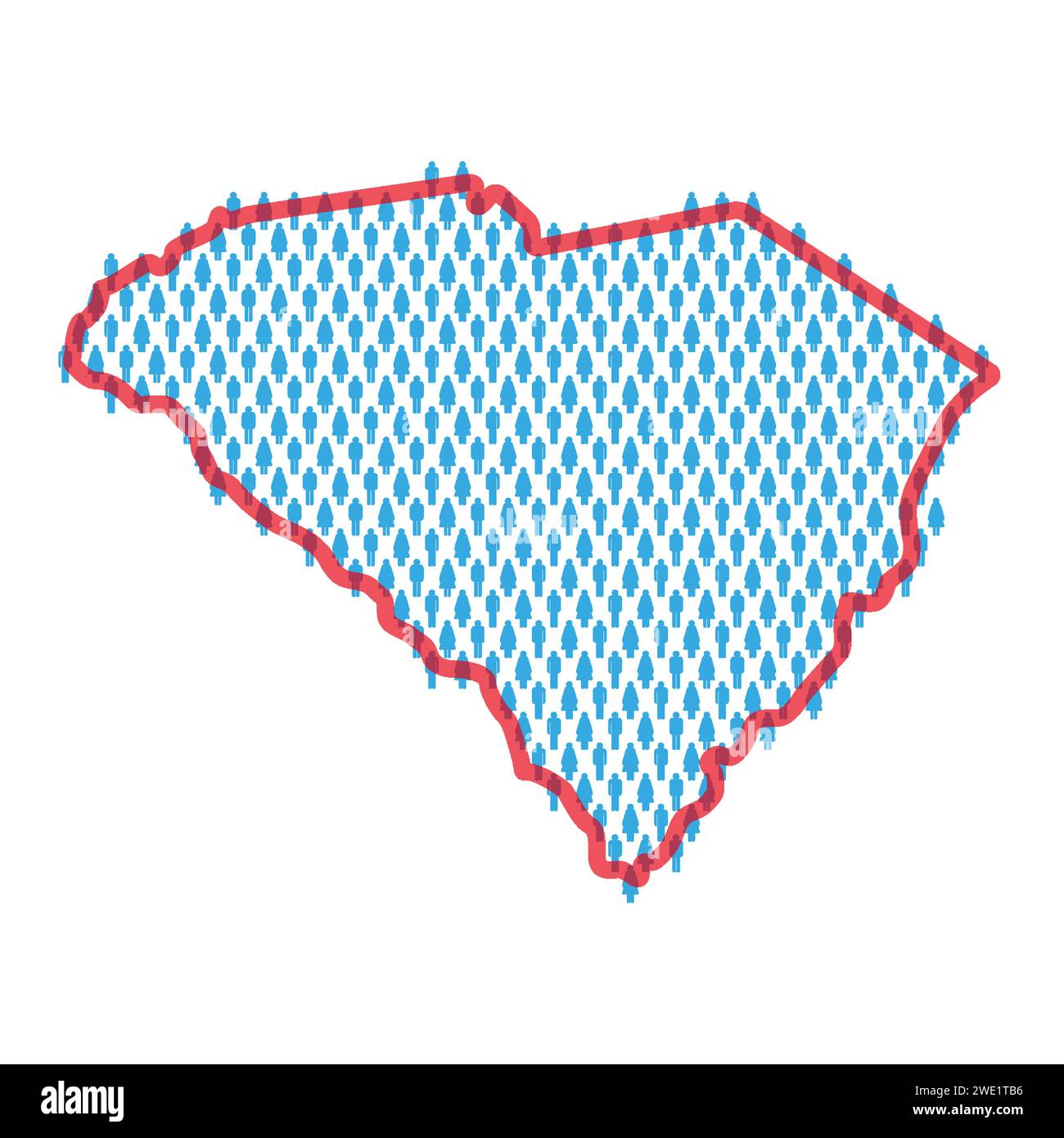 South Carolina population map. Stick figures people map with bold red translucent state border. Pattern of men and women icons. Isolated vector illust Stock Vector